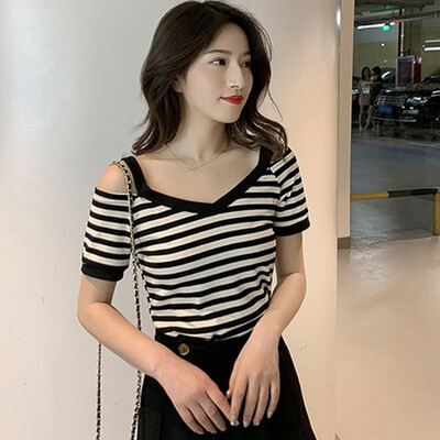 

tee shirt femme Womens Korean tshirt Casual Short Sleeve Cold Shoulder tshirt women V Neck Striped Slim Knitted T-Shirt