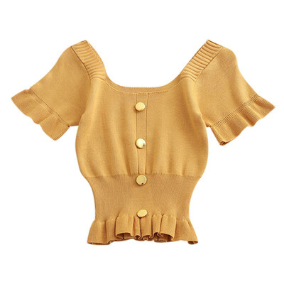 

T Shirt Women Summer Solid Color Casual Tops Female Square Collar T-Shirt Knit Button Puff Sleeved Sexy Slim Tops