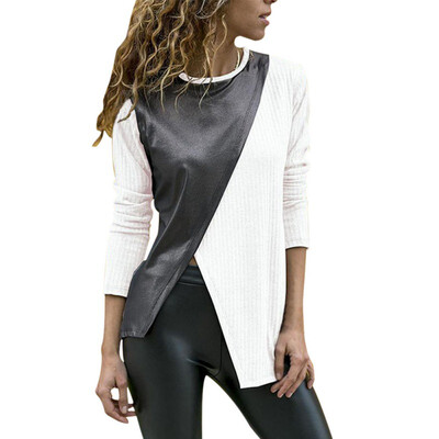 

Women Long Sleeve Patchwork T-Shirt O-Neck Slim Fit Warm Autumn Spring Color Block Basic T-Shirts Tops