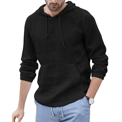 

Toponeto Mens Baggy Cotton Linen Hooded Pocket Solid Long Sleeve Retro T Shirts Tops