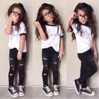 

Cute Baby Girls Outfits TopsRipped Legging Trousers 2pcs Outfits Clothes Set