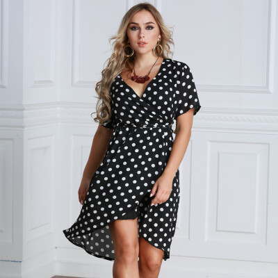 

Women Polka Dot Chiffon Dress Deep V Neck Short Sleeves Cross Overlap Vintage Dress Plus Size Black