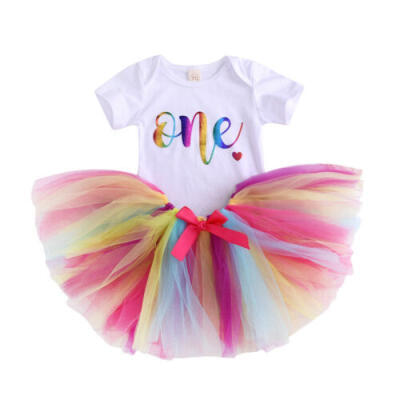 

2Pcs Newborn Baby Girls Birthday Romper Bodysuit Rainbow Skirt Tutu Dress Outfit