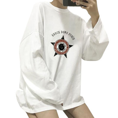 

Autumn T-shirts Women Cat Funny Printed Halajuku Loose Casual Long Sleeve Solid White shirt Daily Cool Girl