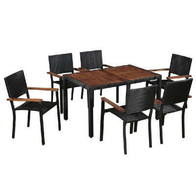 

7 Piece Outdoor Dining Set Poly Rattan&Acacia Wood Black