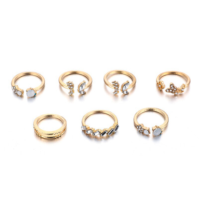 

7Pcsset Women Butterfly Moon Star Flower Boho Crystals Rings Set Party Jewelry