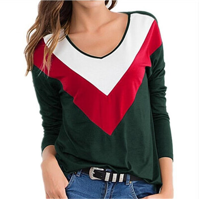 

2019 Autumn Fashion Women Color matching Casual Wild O-neck Long sleeves T-shirt
