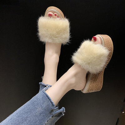 

Fashion high-heeled slippers female summer wear slope heel thick bottom drag rabbit Mao Mao slippers fairy wind