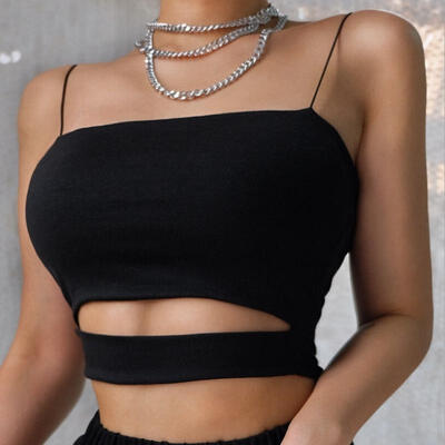 

Fashion simple hollow exposed navel thin strap top summer vest cropped top