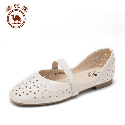 

Camel brand single shoes female first layer cowhide fashion hollow flat bottom button W91504522 beige 38240 yards