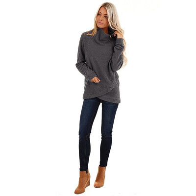 

Women Sweathsirt Faux Fur Teddy Bear High Neck Exposed Zipper Crossover Drape Hemline Casual Tops