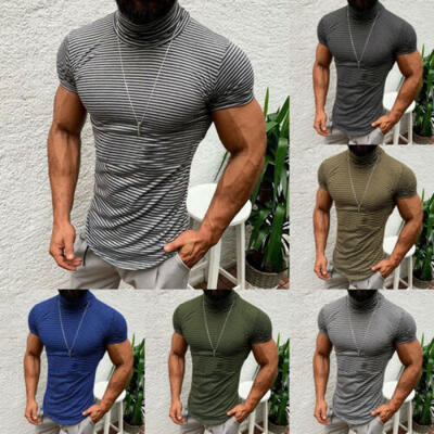 

Men Summer Turtleneck Striepd Short Sleeve Slim T-shirt Casual Tee Pullover Tops