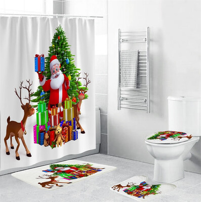 

Gobestart 4Pcs Christmas shower Curtain Bathroom Anti-slip Carpet Rug Toilet Cover Mat Set