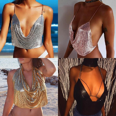 

Women Metal Crop Top Halter Plunge V Adjustable Chains Sleeveless Backless Sequins Party Club Vest Cropped Top