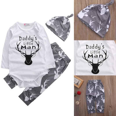 

3PCS Newborn Baby Boy Romper Tops T-Shirt Hat Pants Trousers Outfits Clothes Set