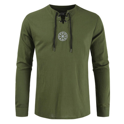 

New Men Medieval Shirt Long Sleeve Ancient Viking Embroidery Bandage Shirt Blouse Tops Retro Cosplay Costume