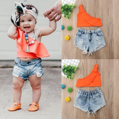 

Kids 1-6T Toddler Girls Summer Outfits Clothes Casual TopsDenim Hole Shorts 2PCS Set