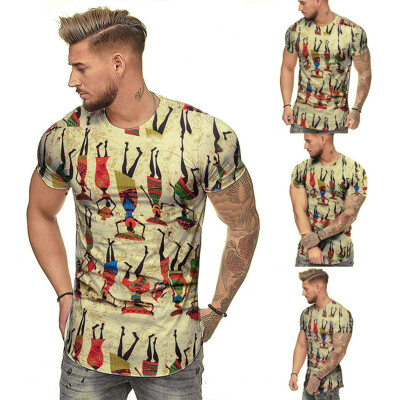 

Toponeto Fashion Mens Summer Slim Casual African Print O-Neck Fit Short Sleeve Top Blouse