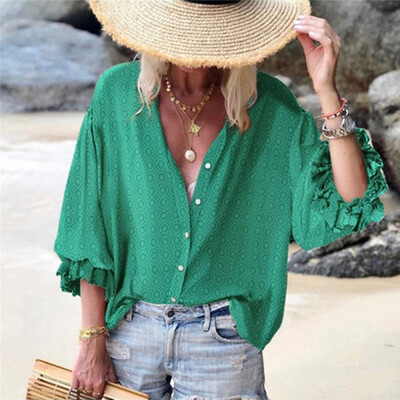 

Tailored Womens Fashion Style Lantern Sleeve Solid Color Printed Loose Buttoned Blouses