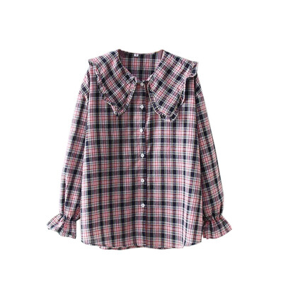 

Women Plaid Shirt Long Sleeve 2019 Spring Tops Ladies Vintage Loose Doll Collar Trumpet Sleeve Casual Women Tops And Blouses