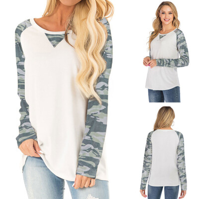 

Starmoon Women Casual Camouflage Blouse Round Neck Long Sleeve Splice Shirts Loose Top