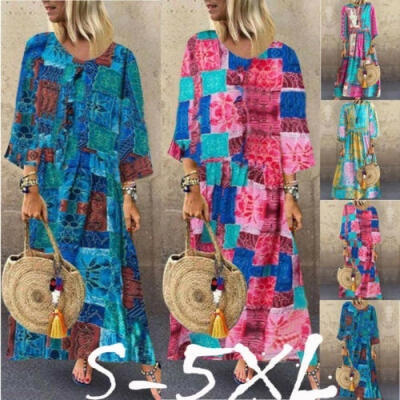 

Plus Size Women Boho Cotton Linen Long Maxi Dress Long Sleeve Maxi Beach Dress Casual Boho Kaftan Tunic Gypsy Ethnic