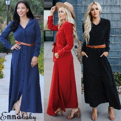 

Autumn Long Sleeve Women Polka Dot Button Down V-neck Maxi Shirt Dress Belt US