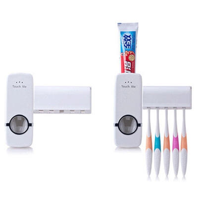 

New Automatic Toothpaste Dispenser 5 Toothbrush Holder Set Wall Mount Stand