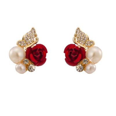 

1 Pair Women Fashion Jewelry Wedding Red Rose Flower Imitation Pearl White Topaz Yellow Gold Filled Gemstone Stud Earrings