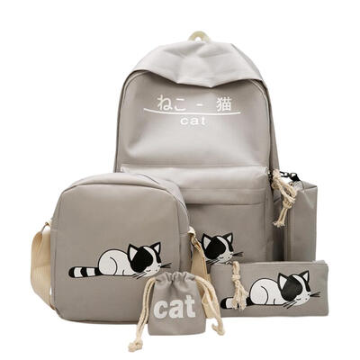 

5pcsset Cute Cat Canvas Bags Student Travel Backpack Shoulder Clutch Bag