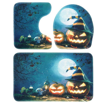 

3pcs Pumpkin Printed Bath Mats Set Anti Slip Floor U Shape Pad Toilet Cover