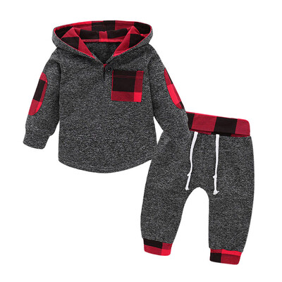 

Infant Toddler Baby Boys Girls Plaid Hooded Pullover Tops Pants Outfits Set