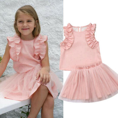 

2Pcs Toddler Baby Girl Solid Dress Clothes Ruffle Tops Skirt Summer Outfits Set