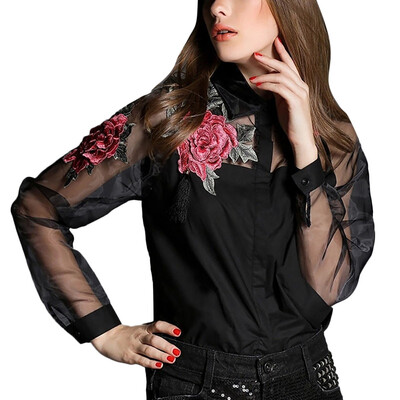 

Starmoon Womens Ladies Long Sleeve Mesh Round Neck Embroidery Mesh Blouse Shirt