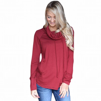 

Solid color collar long sleeve two pockets casual pullover sweatshirt womens