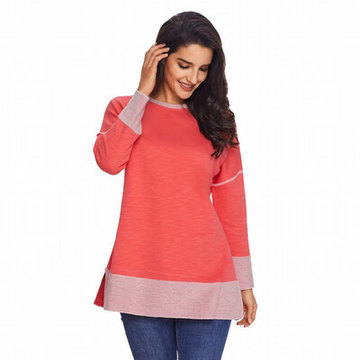 

Two-color stitching round neck long-sleeved bottoming shirt sports casual straight top