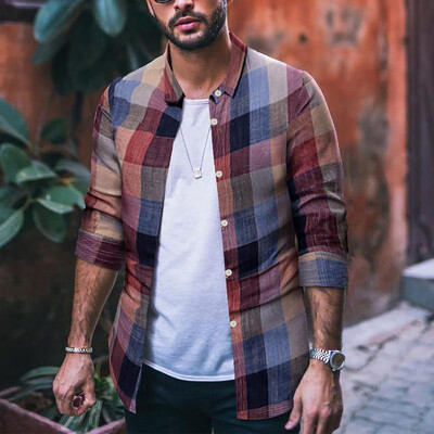 

Tailored Fashion Mens Long Sleeve Casual Fit Slim Plaid Shirt Blouse Printed Top