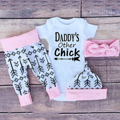 

4PCS Set Newborn Baby Little Girl Romper Tops Long Pants Hat Outfit Clothes Set