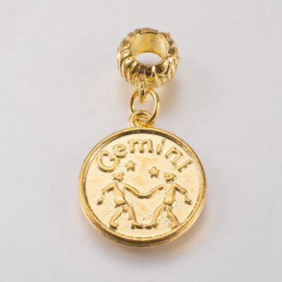 

Alloy European Dangle Beads Large Hole Pendants ConstellationZodiac Sign Golden with Word Intelligent Gemini 33mm