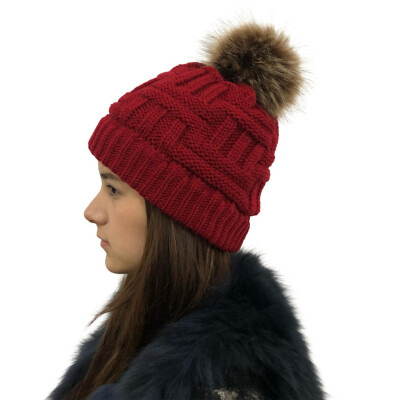 

Tailored Women Stitching Outdoor Faux Fur Ball Hats Crochet Knit Holey Beanie Cap