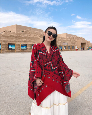 

Ethnic wind jacquard geometric diamond lattice split shawl autumn&winter to increase thick warm imitation cashmere cloak cloak