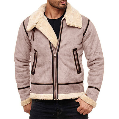 

Toponeto Men Autumn Winter Highneck Warm Liner Lapel Leather Zipper Outwear Top Coat