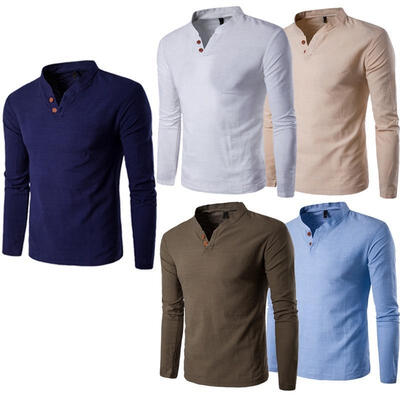 

Fashion Mens Luxury Casual Dress Slim Fit T-Shirt Linen Long Sleeve Tops -3XL