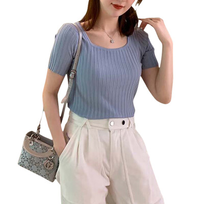 

Women Summer Concise Solid Color T Shirt U-shape Collar Short Sleeve Slim Fit T-shirts