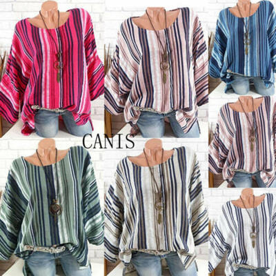 

Plus Size Women Tops Long Sleeve Blouse Cotton Linen Striped Baggy Loose T-Shirt
