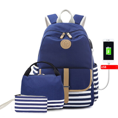 

Tailored 3PC Women Ladies Girl Striped Handbag Shoulder Backpack With USB Interface Bags