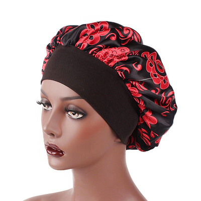

Silky Flowers Pattern Woman Sleep Caps Hair Care Head Cover Wide Nightcap Wrap