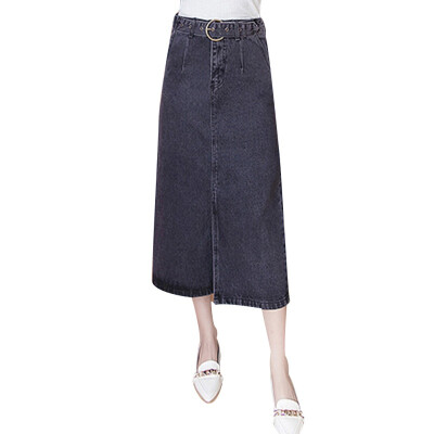 

Women High Waist Denim Skirt Ladies Split Denim Skirt Solid Color With Belt Mid-long Bag Hip Straight Skirt