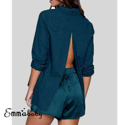 

Women Fashion Long Sleeve Office Lady Open Back Blouse Button T-Shirt Ladies Top