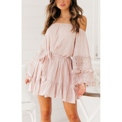 

Women Spring One Word Collar Strapless Long Sleeve Solid Color Loose Mid-Length Casual Dress